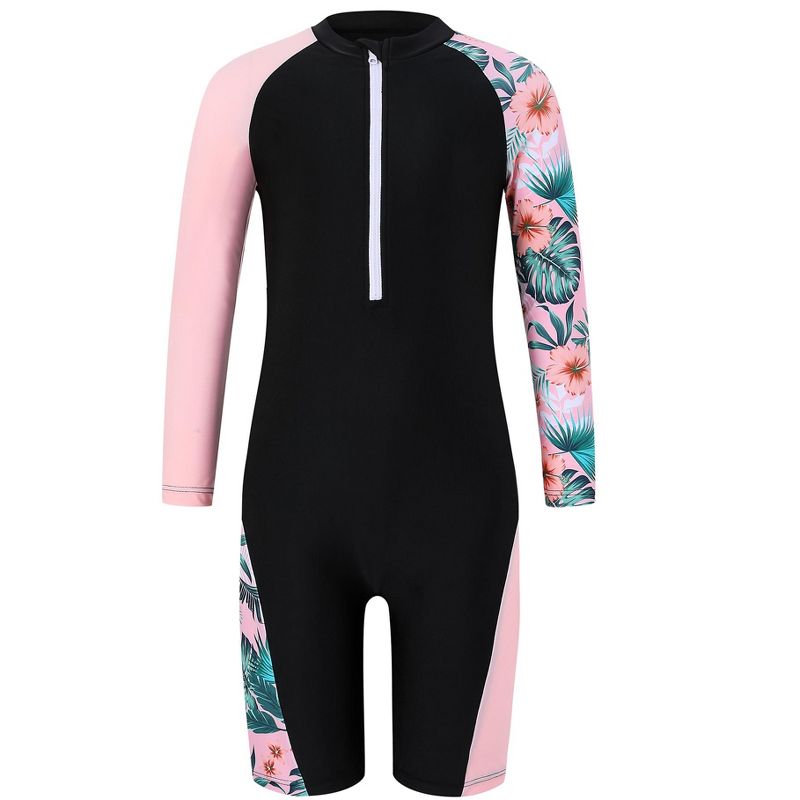 Kid Boys Girls Rash Guard Sets One Piece Swimsuit with Zipper Patchwork Long Sleeve Beach Bathing Suit