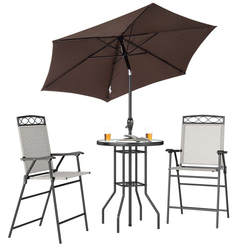 Outsunny 4 Piece Patio Bar Set for 2 with 6' Adjustable Tilt Umbrella, Outdoor Bistro Set with Folding Chairs & Glass Round Dining Table