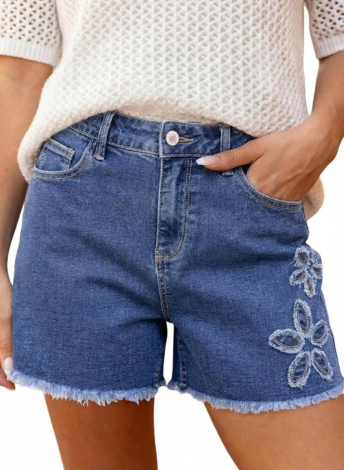 Dokotoo Floral Embroidered High Waisted Denim Shorts