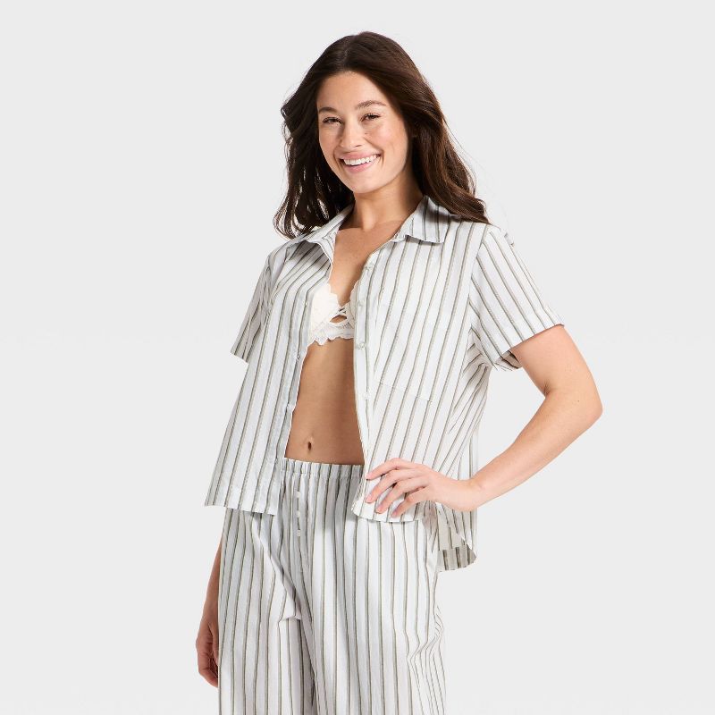 Women's Striped Cotton Blend Short Sleeve Pajama Shirt — Auden Olive Green