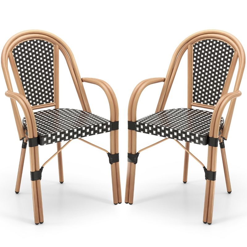 Costway Outdoor French Bistro Chairs 2 PCS w/ Armrests Galvanized Metal Frame Black & White