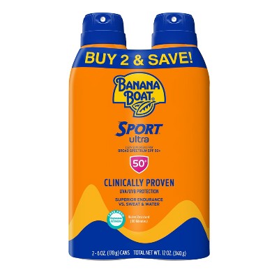 Banana Boat Ultra Sport Clear Spray Broad Spectrum Sunscreen - SPF 50 - 6oz/2pk: Whole Body Application, Sport Sunscreen