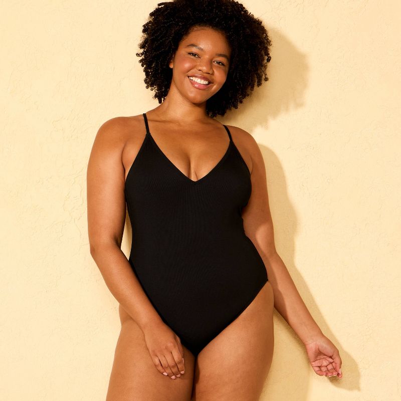 Women's Ribbed Plunge Neck One Piece Swimsuit - Shade & Shore