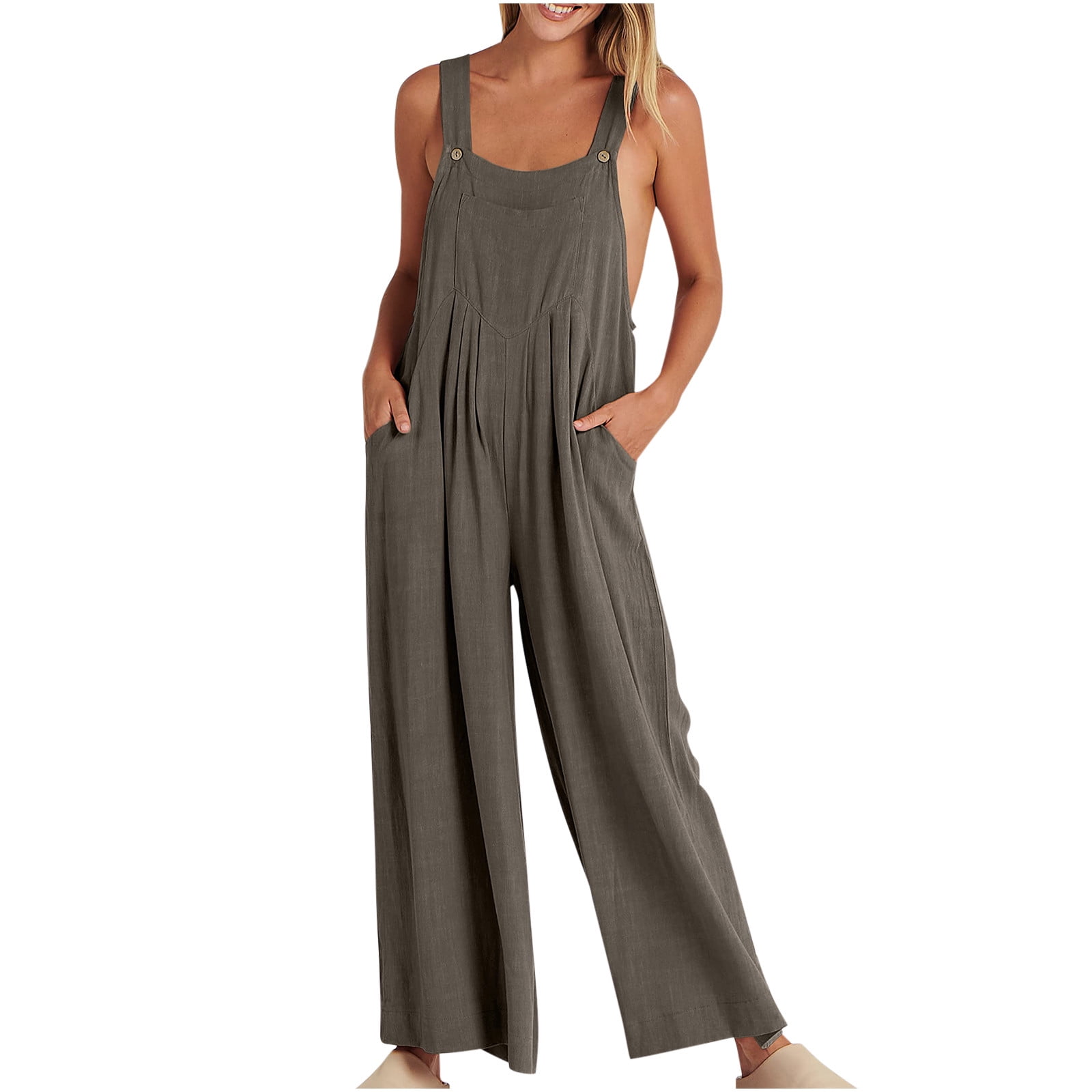 RQYYD Women Cotton Linen Overalls Wide Leg Jumpsuit