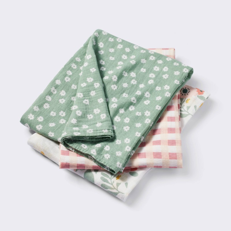 Muslin Swaddle Blanket 3pk Floral Gingham - Cloud Island